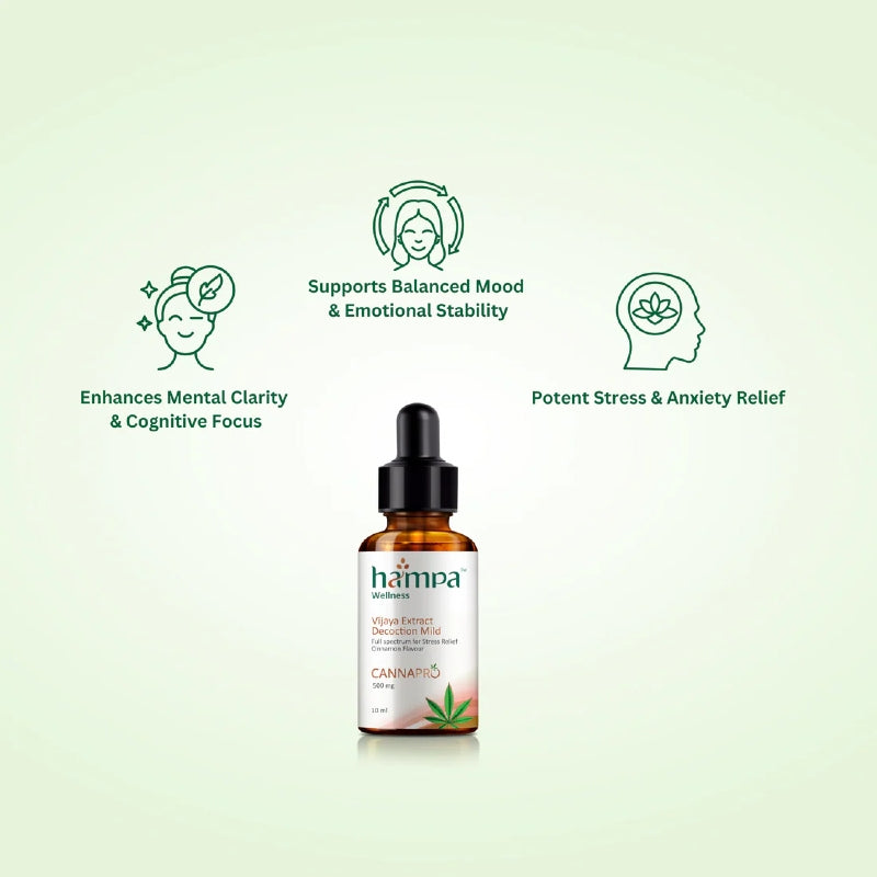Harma cannabis oil bottle with therapeutic benefits on a light green background