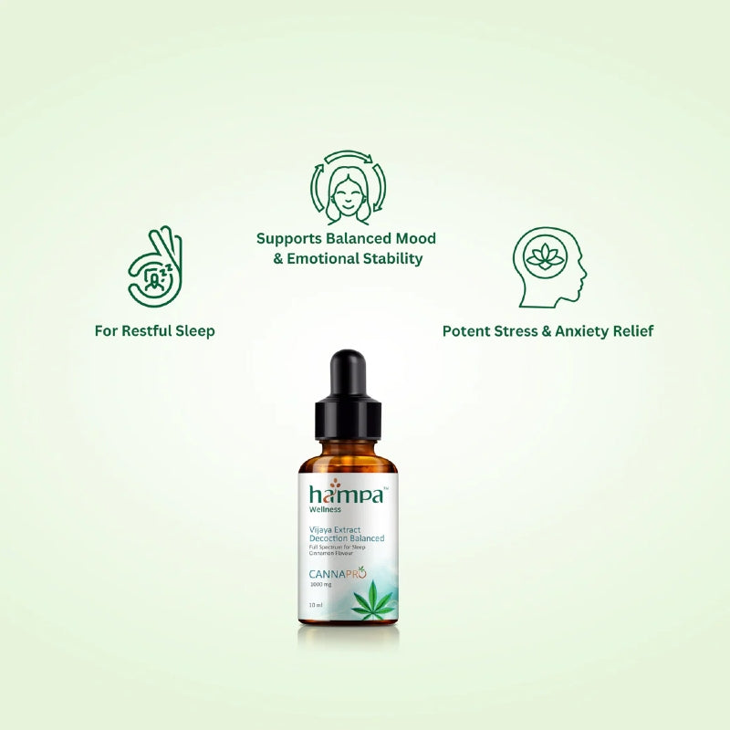 Hampa CBD oil bottle with benefits text on a light green background