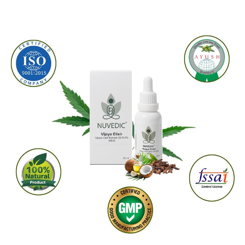 Nuvedic Vijaya Elixir bottle and packaging surrounded by certification badges and natural ingredients.