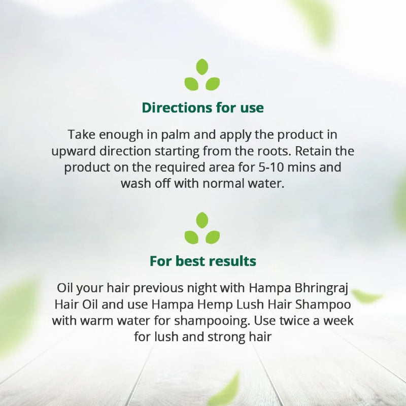 Hemp Hair care product directions with green leaves on a light background