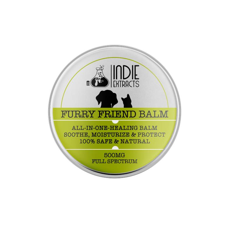 Circular tin of Indie Extracts Pet CBD Balm with white and green label.