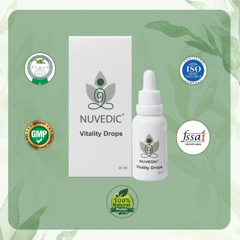 Product display of NUVEDIC Vitality Drops with certification logos.

