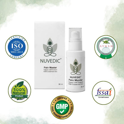 Product image of Nuvedic Pain Master CBD Oil product with certifications including ISO and GMP around it.

