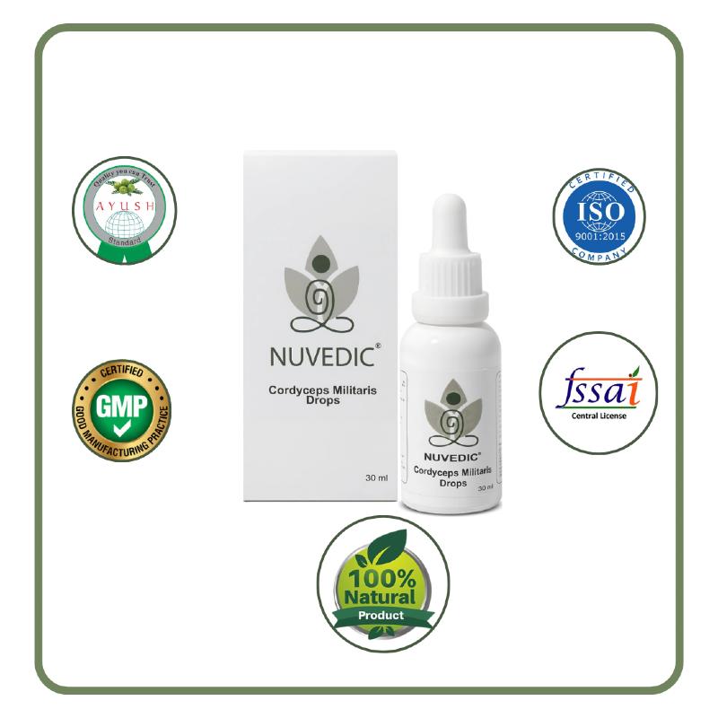 "Nuvedic Cordyceps Militaris Drops bottle and box with certification badges."