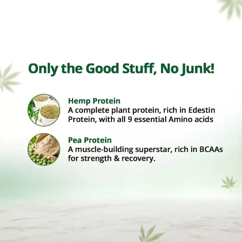 Text and images of hemp and pea protein with a green background