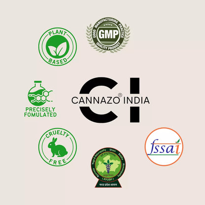 Image of various certification logos around the "CANNAZO INDIA" brand, indicating plant-based, cruelty-free, and quality assured products.