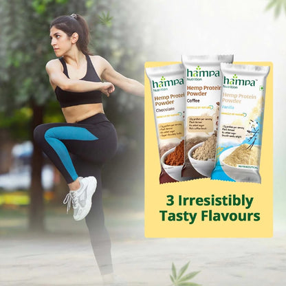 Woman exercising outdoors with Hampa Hemp Protein Powder packages on a yellow background