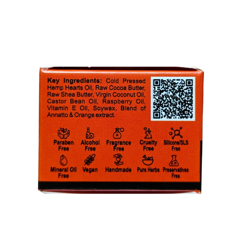 Product packaging with key ingredients and free-from claims on an orange background