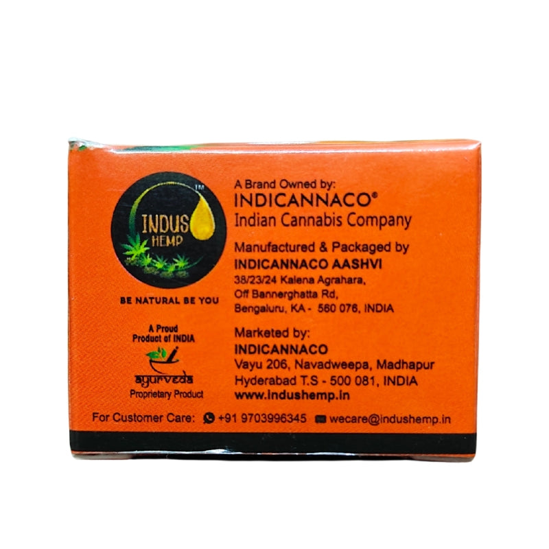 Orange packaging of Indus Hemp with brand details on a white background