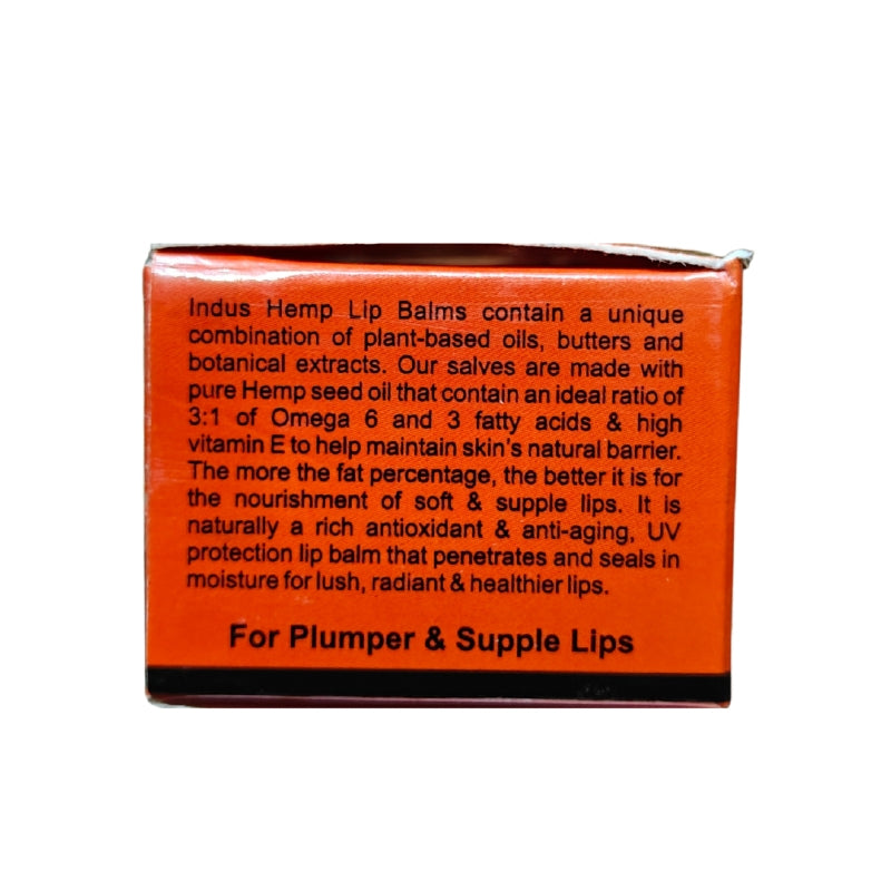 Box of Indus Hemp Lip Balms with text on a white background