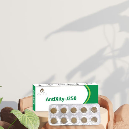 Blister pack of ten round tablets and a box labeled "AntiXity-J250."