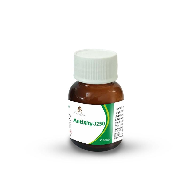 Brown medicine bottle with a white cap labeled "AntiXity-J250."

