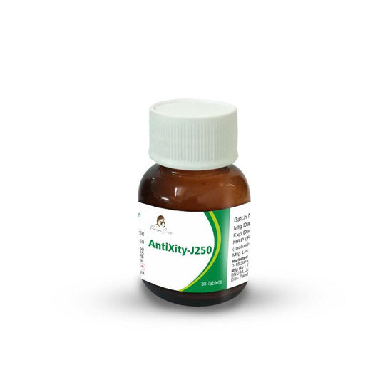 Brown medicine bottle with a white cap labeled "AntiXity-J250."

