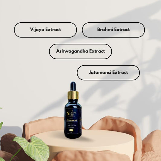 Bottle of Paarmi Cares The Divine Mud product on a beige platform with text bubbles listing extracts.