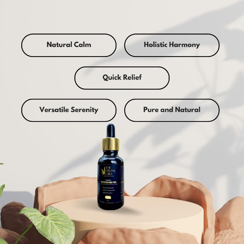 A promotional image of a dark blue bottle of "Paarmi Cares" oil with a gold cap, placed on a beige podium. 