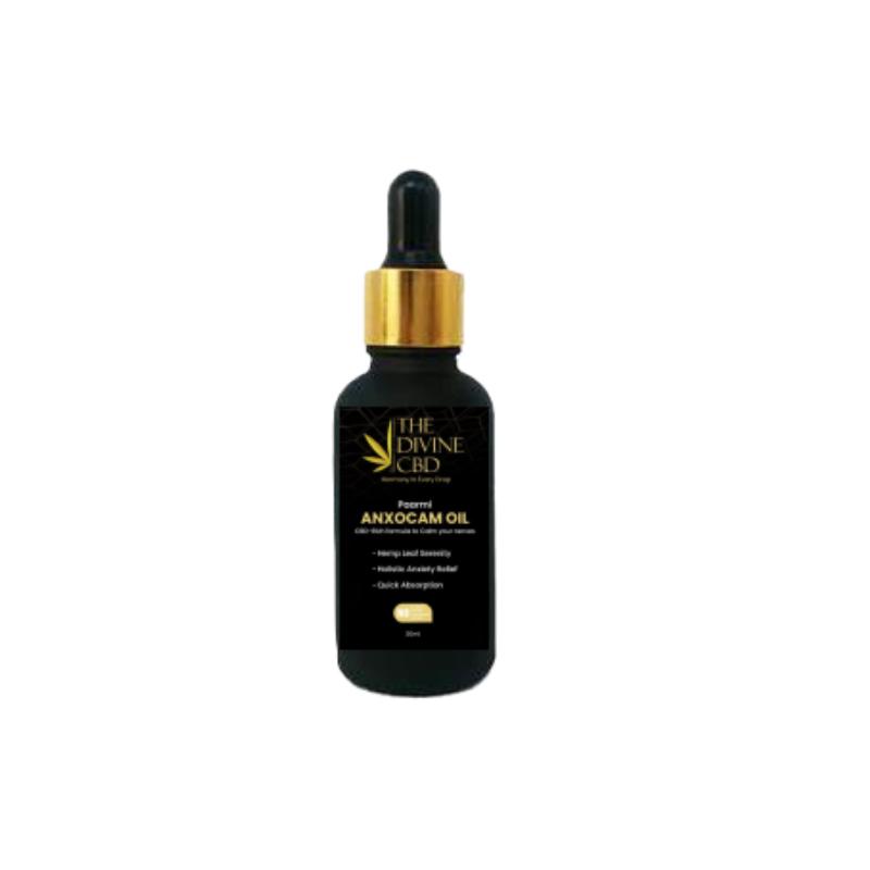 Black bottle of The Divine CBD Anxocam Oil with a gold and black dropper cap.