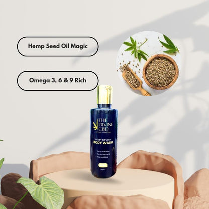Hemp-infused body wash by The Divine CBD, with text highlighting 'Hemp Seed Oil Magic'.