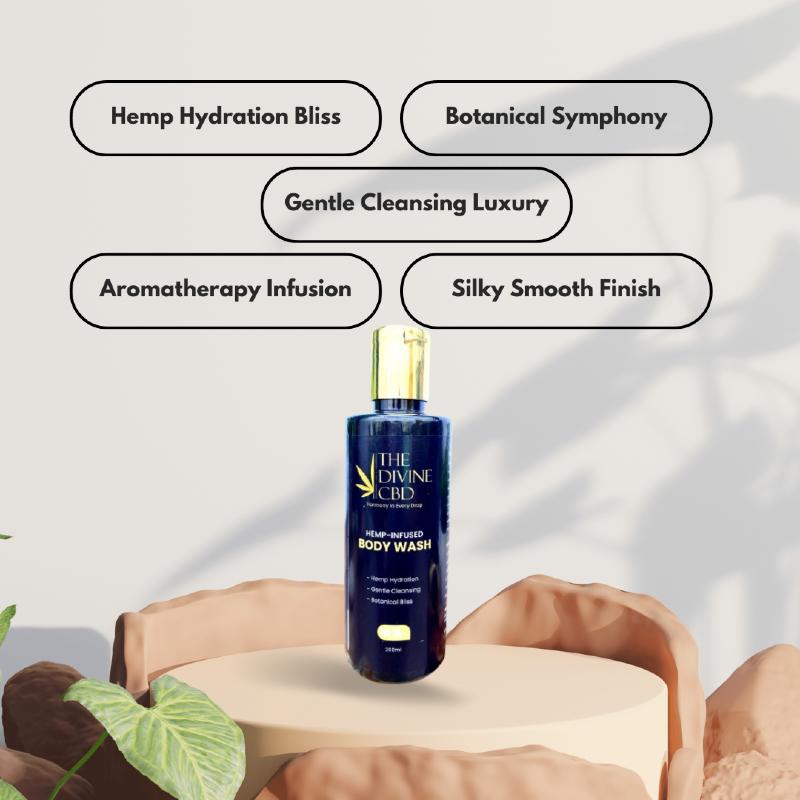 A bottle of THE DIVINE CBD hemp-infused body wash with text highlighting product features.