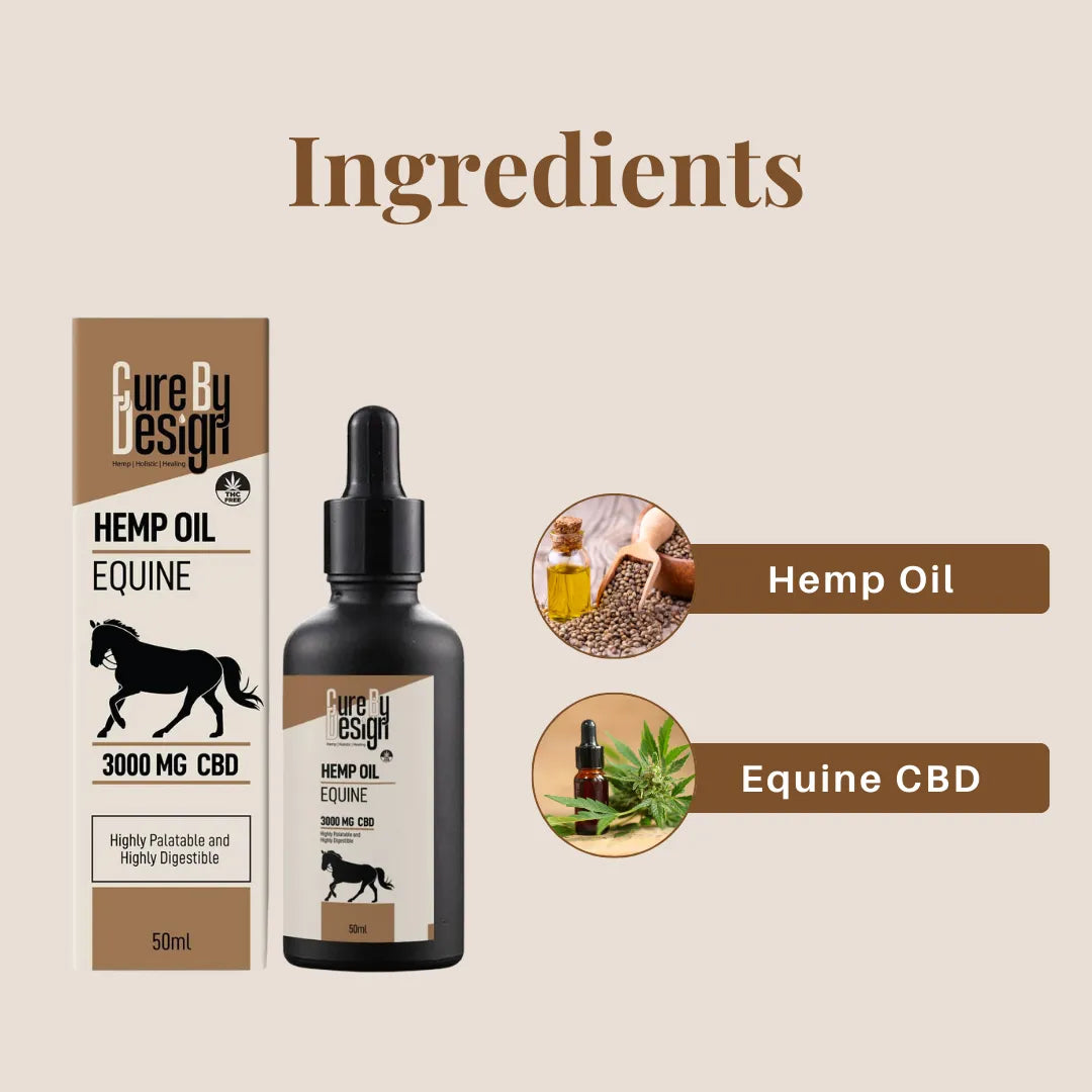 Cure By Design Hemp oil product with packaging and ingredients displayed on a beige background