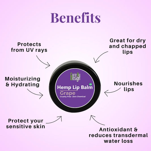 Hemp lip balm with benefits listed on a purple background