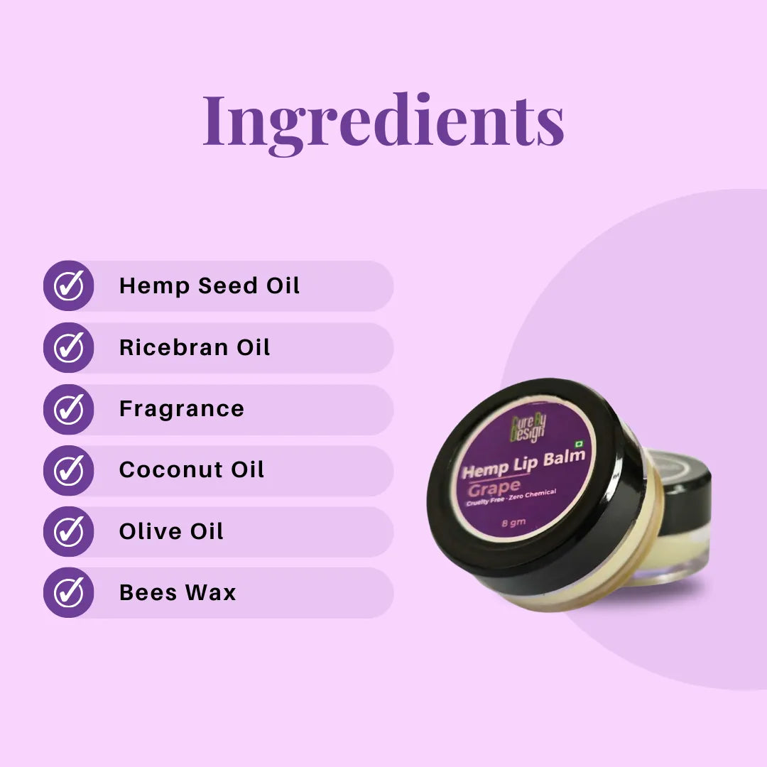 Hemp lip balm with a list of ingredients on a purple background