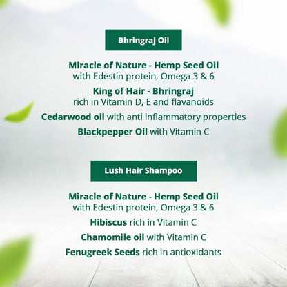 Text detailing the ingredients of a hair care product with green leaves in the background