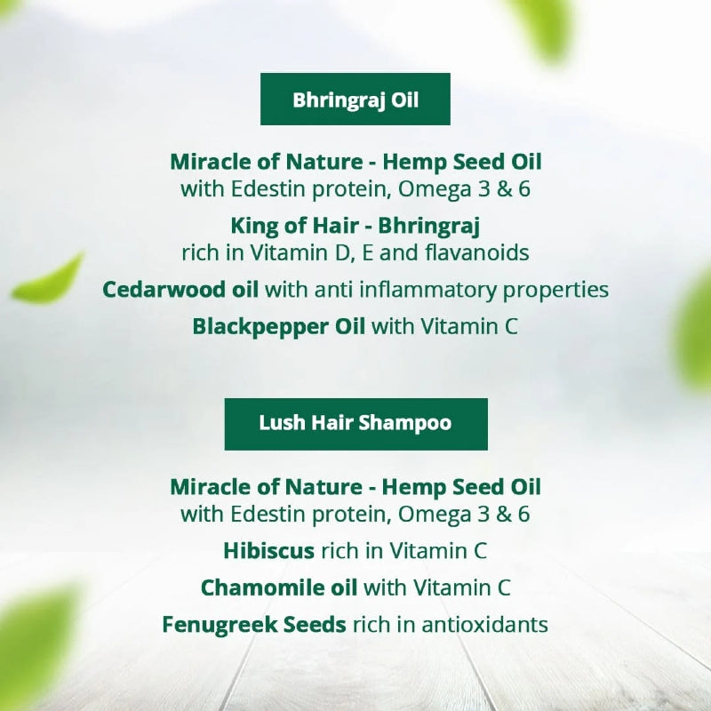 Text detailing the ingredients of a Hemp hair care product with green leaves on a light background