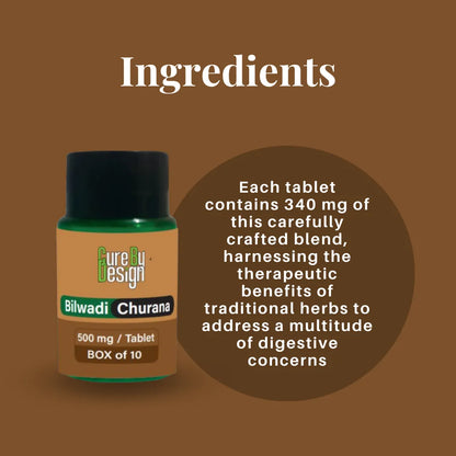 Bottle of Cure By Design Purely Essential Bilwadi Churana with text on a brown background
