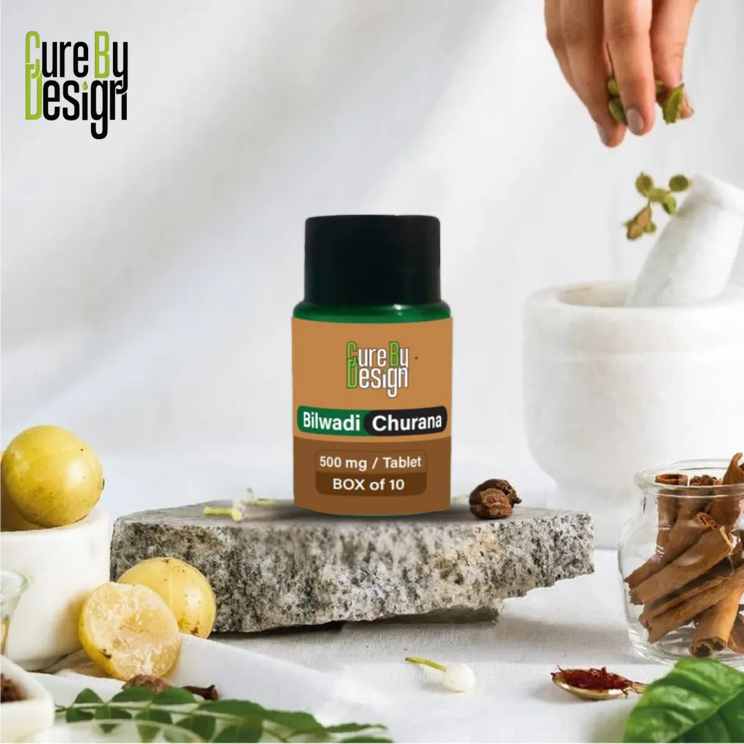 Bottle of 'Cure by Design' Bilwadi Churana with natural ingredients on a white background
