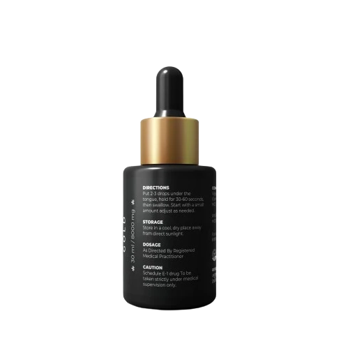 Black colour CBD Oil bottle with gold colour dropper cap