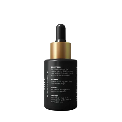 Black colour CBD Oil bottle with gold colour dropper cap