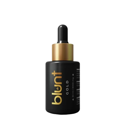 Black and gold CBD Oil dropper bottle labeled 'blunt' on a white background