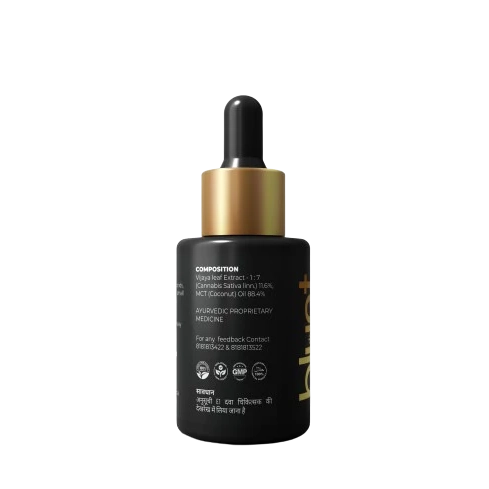 Back colour CBD Oil bottle with golden coloured cap with dripper attached.