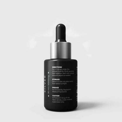 Black CBD Oil dropper bottle with silver cap on a light gray background