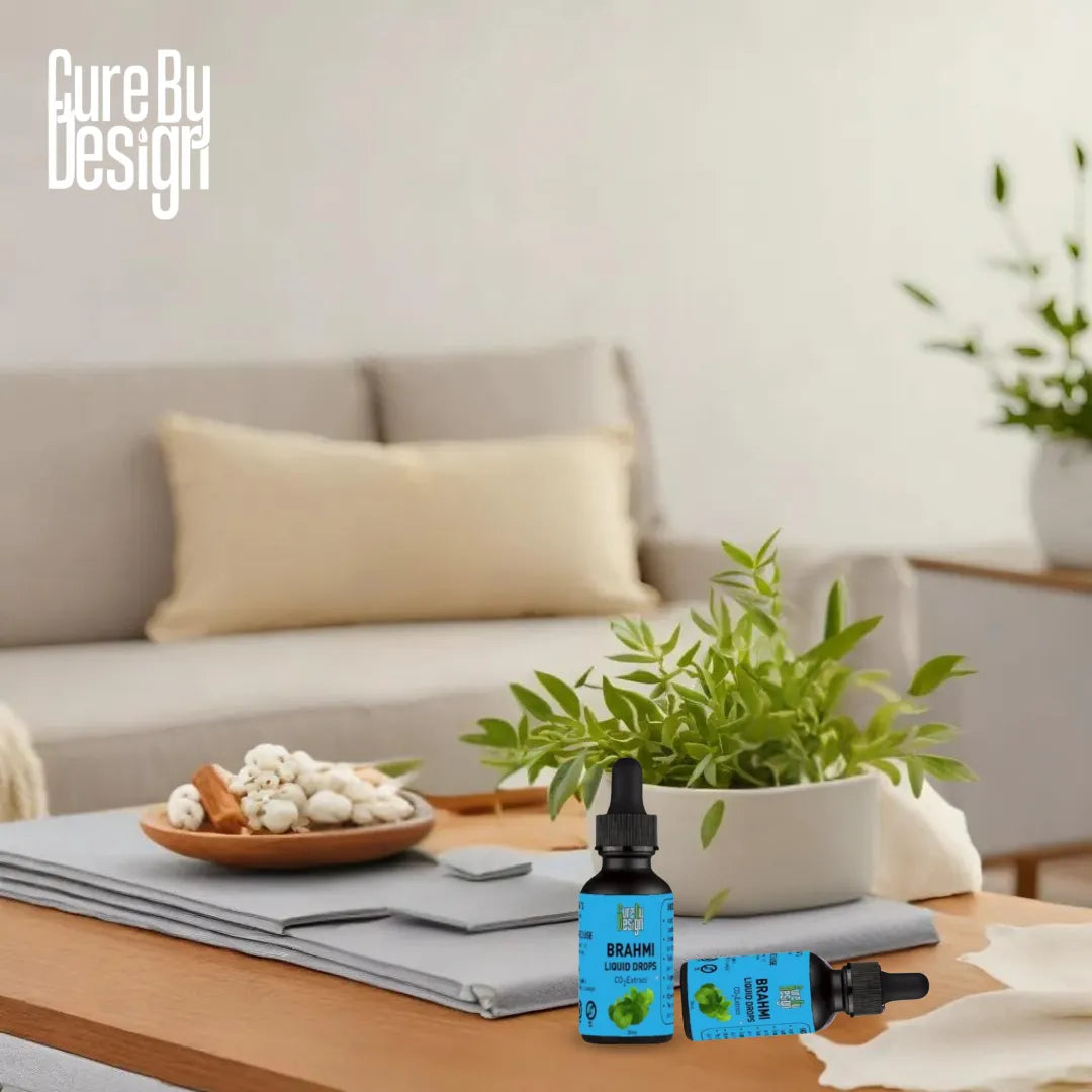 Two bottles of Brahmi liquid drops on a coffee table with a plant and decorative items in a living room setting.