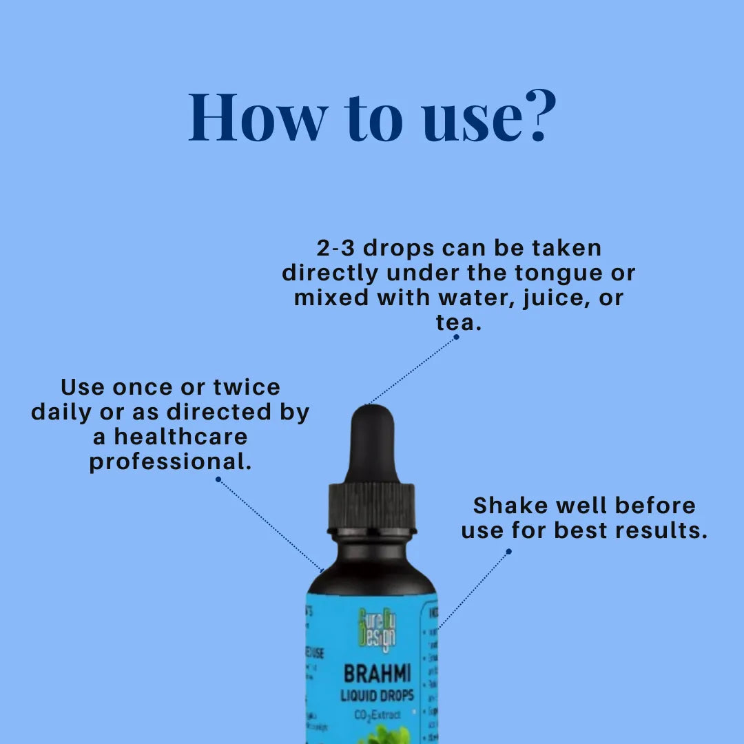 Brahmi liquid drops with usage instructions on a blue background