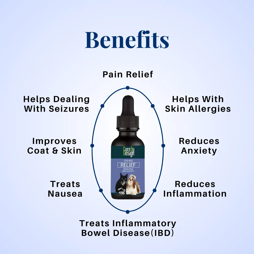 Bottle of a pet cbd oil supplement with benefits listed on a light blue background
