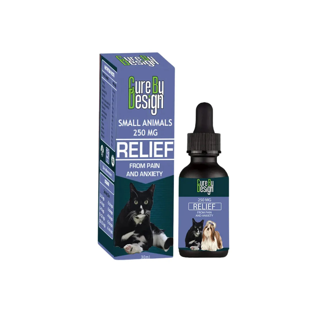 Cure By Design Relief CBD Oil product for small animals with packaging and bottle on a white background