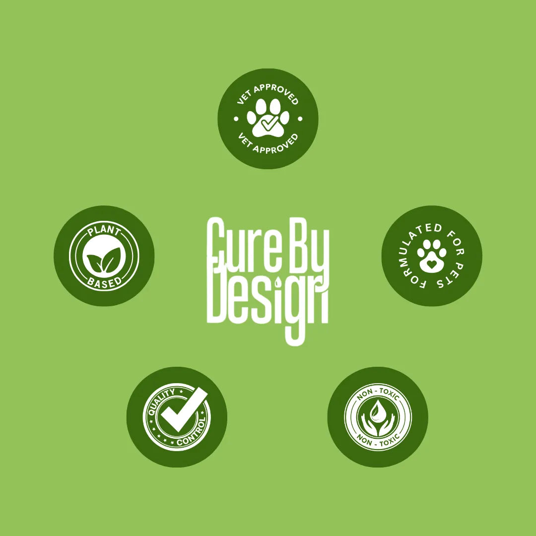 Green background with 'Cure By Design' logo and certification icons.