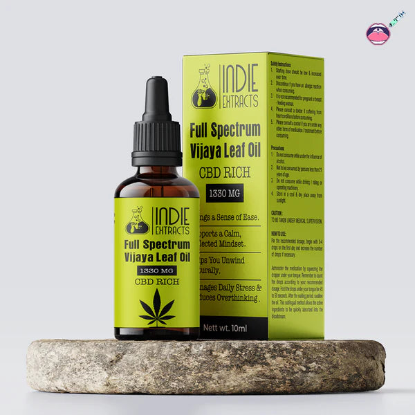 Indie Extracts Full Spectrum Vijaya Leaf Oil bottle and packaging on a white background