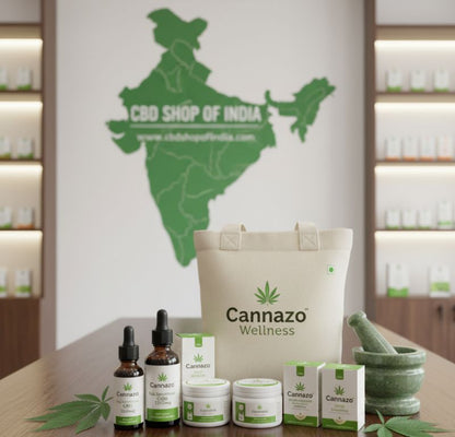 Cannazo Wellness products including bottles, boxes, and a bag on a table with a map of India in the background.
