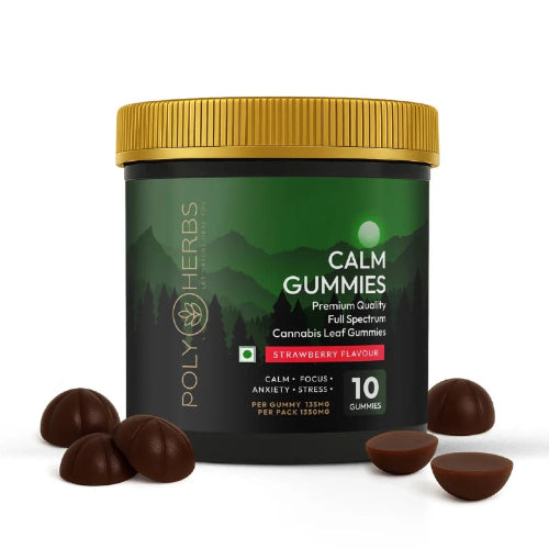 Jar of Poly Herbs Calm CBD Gummies with gummies around on a white background