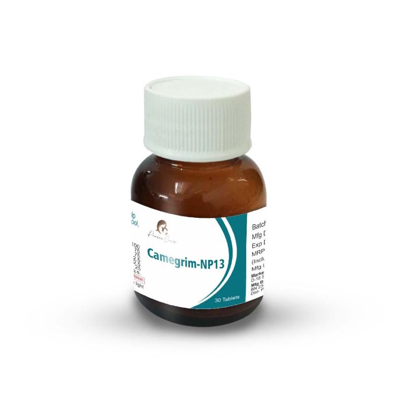 A small brown bottle with a white cap labeled "Camegrim-NP13, 30 Tablets."