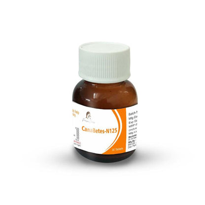 Brown medication bottle with a white cap and label reading "CanaBetes-N125."

