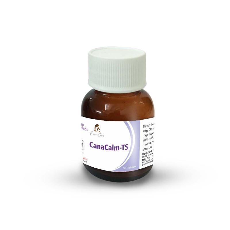 Brown plastic bottle with white cap labeled Cannacalm-TS by Paarmi Cares.