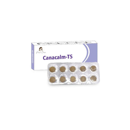 Blister pack of ten round brown tablets in front of an orange and white medication box labeled "Cannacalm-TS".