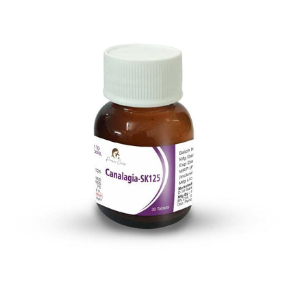 Amber-colored bottle with white cap labeled "Paarmi Cares Canalagia-SK125."