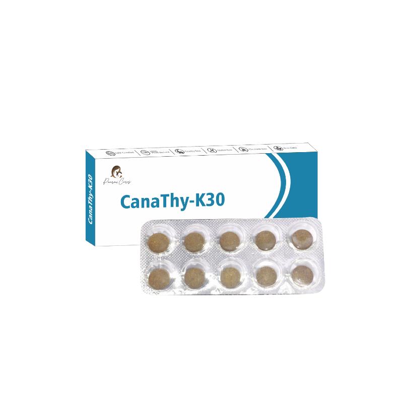 CanaThy-K30 medicine box and blister pack of round beige tablets by Paarmi Cares.