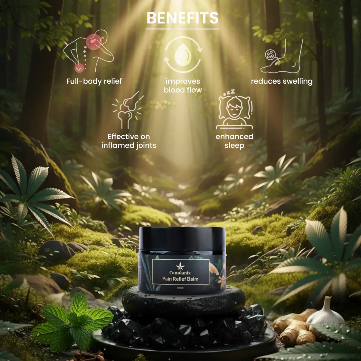 Cannabis Pain Relief Balm jar with forest background and benefits listed