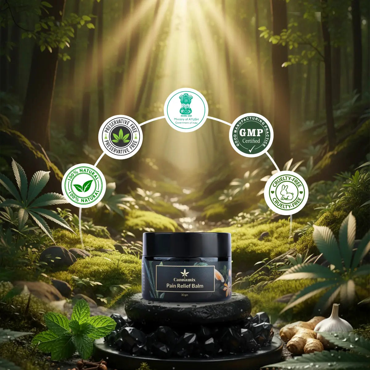 Cannabis Pain Relief Balm jar with certification logos in a forest setting
